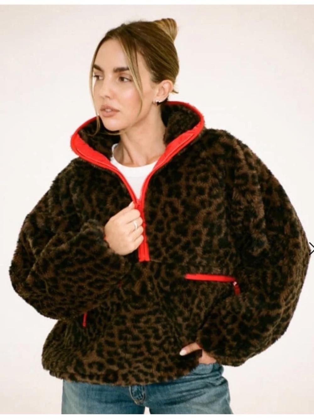 NWT Rumored Sun Valley Sherpa Leopard Print Quarter Zip Pullover - S/M Oversized